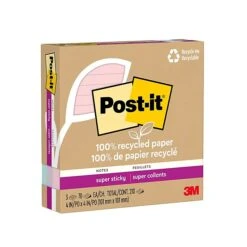 Post-it® 100% Recycled Paper Super Sticky Notes, 4 In X 4 In, Wanderlust Pastels Collection, Lined, 3 Pads/Pack, 70 Sheets/Pad