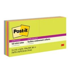 Post-it® Super Sticky Full Stick Notes, 3" X 3", Energy Boost Collection, 30 Sheets/Pad, 12 Pads/Pack (F330-12SSAU)