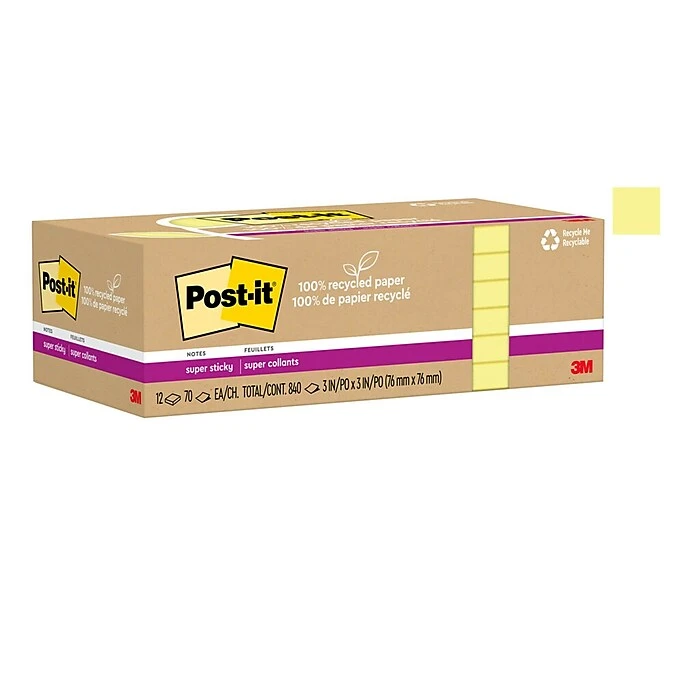 Post-it® 100% Recycled Paper Super Sticky Notes, Canary Yellow, 3 in x 3 in, 12 Pads/Pack, 70 Sheets/Pad (654R-12SSCY) Post-it® 100% Recycled Paper Super Sticky Notes, Canary Yellow, 3 In X 3 In, 12 Pads/Pack, 70 Sheets/Pad (654R-12SSCY) -Office Supply Shop 38D3F7ED 4F9C 498B B32A4D9D0C6DB1A9 sc7