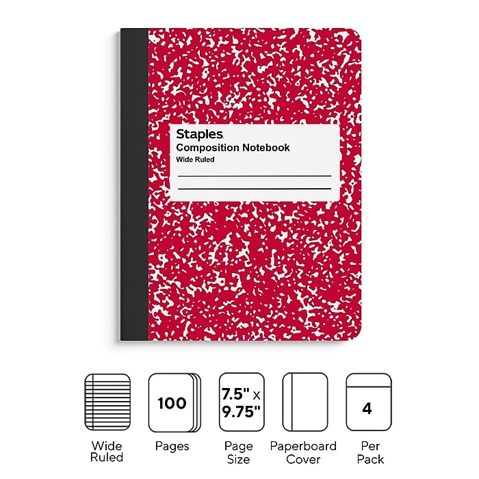 Staples® Composition Notebooks, 7.5" x 9.75", Wide Ruled, 100 Sheets, Assorted Colors, 4/Pack (ST58368) Staples® Composition Notebooks, 7.5" X 9.75", Wide Ruled, 100 Sheets, Assorted Colors, 4/Pack (ST58368) -Office Supply Shop 3E474956 9526 48DD AC16FE0A9300F062 sc7