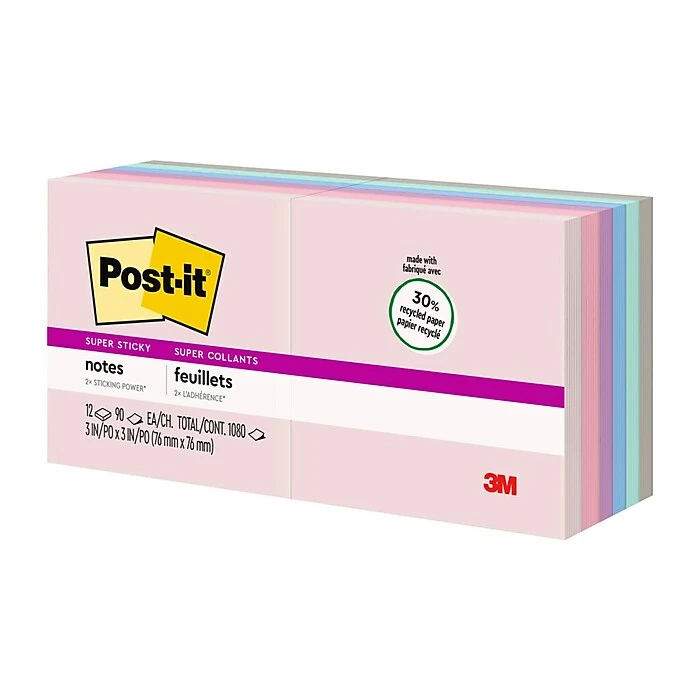 Post-it® Recycled Super Sticky Notes, 3" x 3", Wanderlust Pastels Collection, 90 Sheets/Pad, 12 Pads/Pack (654-12SSNRP) Post-it® Recycled Super Sticky Notes, 3" X 3", Wanderlust Pastels Collection, 90 Sheets/Pad, 12 Pads/Pack (654-12SSNRP) -Office Supply Shop 64DA0695 7A35 4ED3 BA6D6A22121946DF sc7