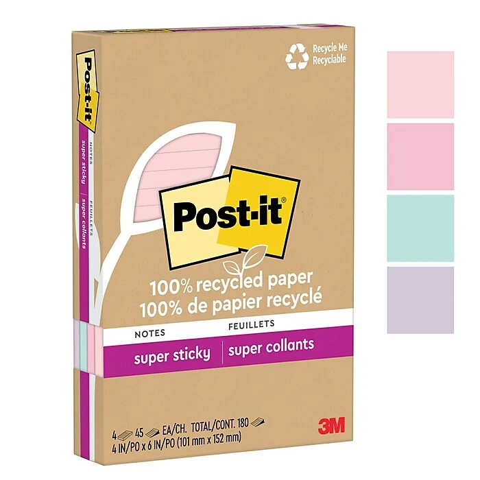 Post-it® 100% Recycled Paper Super Sticky Notes, Wanderlust Pastels Collection, Lined, 4 in x 6 in, 4 Pads/Pack, 45 Sheets/Pad Post-it® 100% Recycled Paper Super Sticky Notes, Wanderlust Pastels Collection, Lined, 4 In X 6 In, 4 Pads/Pack, 45 Sheets/Pad -Office Supply Shop 6C7A5742 3443 4907 A6F8975F4C32F006 sc7
