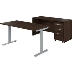Bush Business Furniture Studio C 27"-47"H Adjustable Standing Desk With Credenza And File Cabinet, Black Walnut (STC017BWSU)