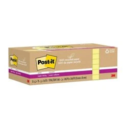 Post-it® 100% Recycled Paper Super Sticky Notes, Canary Yellow, 3 In X 3 In, 12 Pads/Pack, 70 Sheets/Pad (654R-12SSCY)