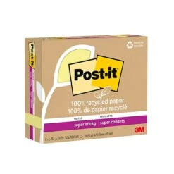 Post-it® 100% Recycled Paper Super Sticky Notes, Canary Yellow, 3 In X 5 In, 12 Pads/Pack, 70 Sheets/Pad (655R-12SSCY)