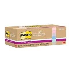 Post-it® 100% Recycled Paper Super Sticky Notes, 3 In X 3 In, Wanderlust Pastels Collection, 12 Pads/Pack, 70 Sheets/Pad