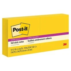 Post-it® Super Sticky Full Adhesive Notes, 3" X 3", Yellow, 25 Sheets/Pad, 12 Pads/Pack (F330-12SSY)