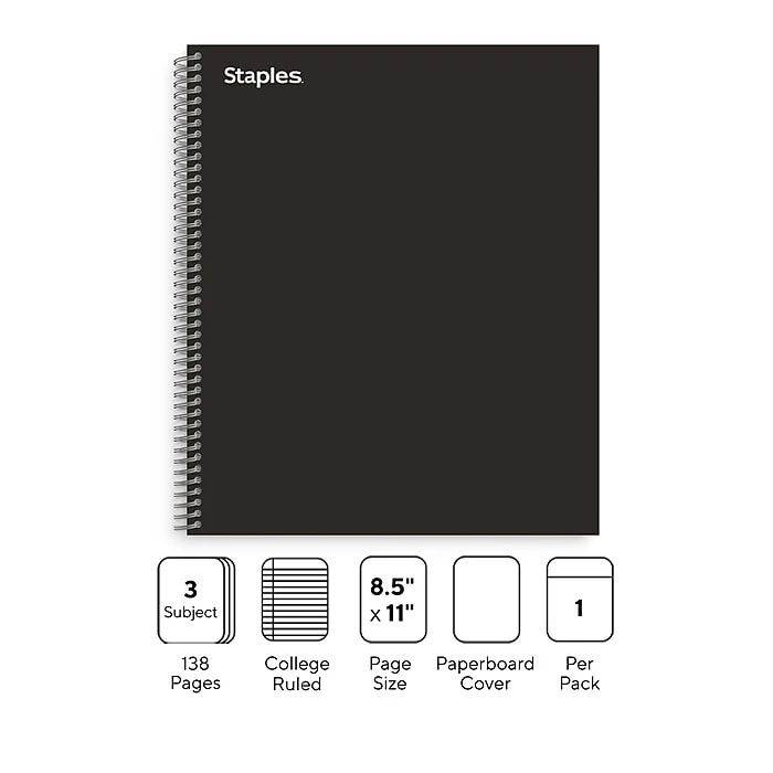 Staples Premium 3-Subject Notebook, 8.5" x 11", College Ruled, 138 Sheets, Black (TR58359) Staples Premium 3-Subject Notebook, 8.5" X 11", College Ruled, 138 Sheets, Black (TR58359) -Office Supply Shop C5AB3C71 600B 49BA 96504A3F122068D2 sc7