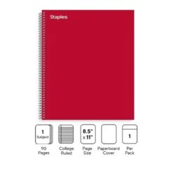 Staples Premium 1-Subject Notebook, 8.5" X 11", College Ruled, 90 Sheets, Red (TR58357)