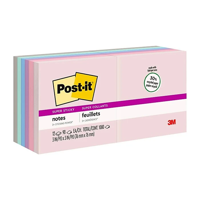 Post-it® Recycled Super Sticky Notes, 3" x 3", Wanderlust Pastels Collection, 90 Sheets/Pad, 12 Pads/Pack (654-12SSNRP) Post-it® Recycled Super Sticky Notes, 3" X 3", Wanderlust Pastels Collection, 90 Sheets/Pad, 12 Pads/Pack (654-12SSNRP) -Office Supply Shop D8E0E3CA 9E98 43C7 AE4D115ED29929AA sc7
