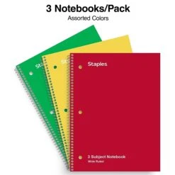 Staples 3-Subject Notebook, 8" X 10.5", Wide Ruled, 120 Sheets, Assorted Colors, 3/Pack (TR11669) -Office Supply Shop E5D28399 6CED 48F1 ACED679F9F7221A4 sc7