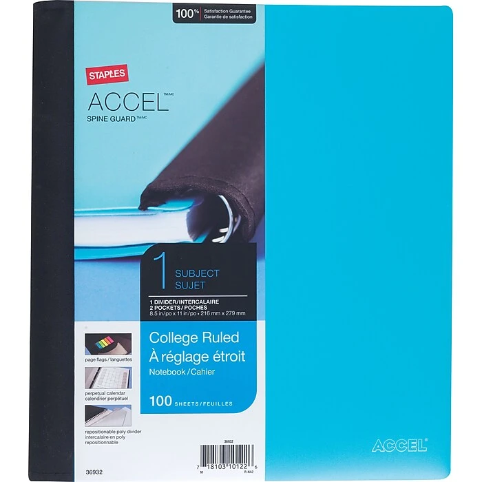 Staples Accel Spine Guard 1-Subject Notebook, 8.5" x 11", College Ruled, 100 Sheets, Assorted Colors (20033) Staples Accel Spine Guard 1-Subject Notebook, 8.5" X 11", College Ruled, 100 Sheets, Assorted Colors (20033) -Office Supply Shop s0849335 sc7