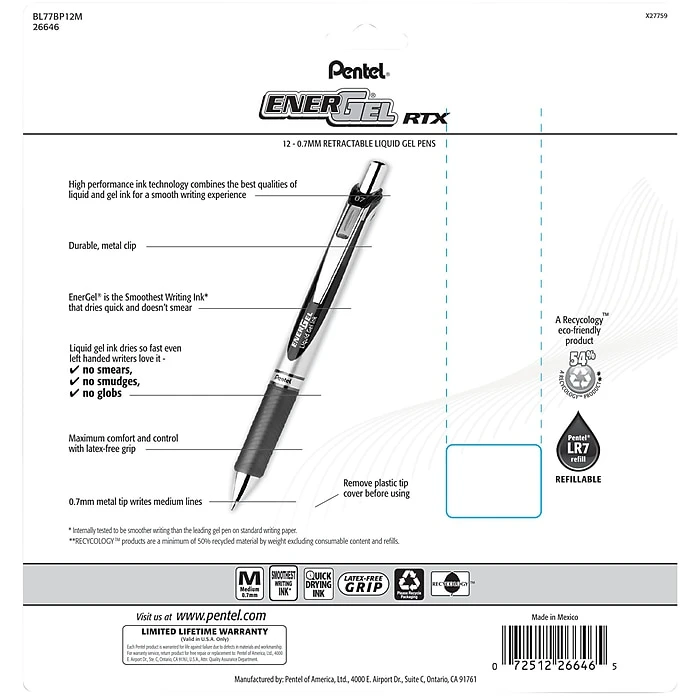 Pentel EnerGel RTX Gel Pens, Medium Point, Assorted Ink, Dozen (BL77BP12M) Pentel EnerGel RTX Gel Pens, Medium Point, Assorted Ink, Dozen (BL77BP12M) -Office Supply Shop s1098203 sc7