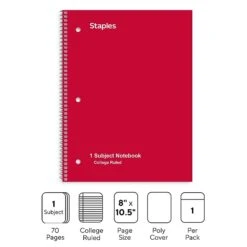 Staples Poly 1-Subject Notebook, 8" X 10.5", College Ruled, 70 Sheets, Assorted Colors, Each (27620M) -Office Supply Shop s1226800 sc7