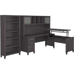 Bush Furniture Somerset 72W 3 Position Sit To Stand L Shaped Desk With Hutch And Bookcase, Storm Gray (SET017SG)