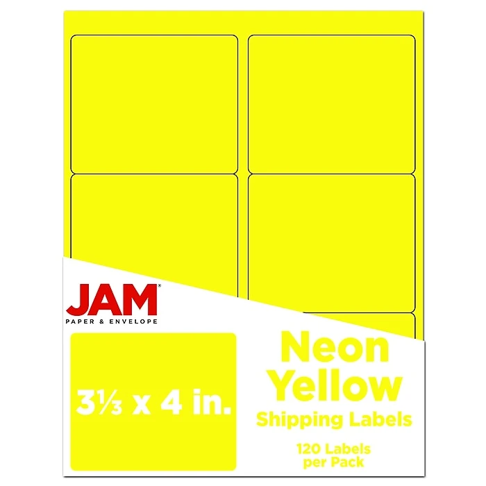 JAM Paper Shipping Label, 3 1/3" x 4", Neon Yellow, 6 Labels/Sheet, 20 Sheets/Pack, 120 Labels/Pack (354328049) JAM Paper Shipping Label, 3 1/3" X 4", Neon Yellow, 6 Labels/Sheet, 20 Sheets/Pack, 120 Labels/Pack (354328049) -Office Supply Shop sp102299559 sc7