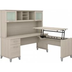 Bush Furniture Somerset Office Desk With 35"-41" Adjustable Return And Hutch, Sand Oak (SET015SO)