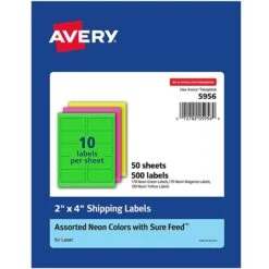 Avery(R) High Visibility Shipping Labels, 2" X 4", Neon Assorted, 500/Pack (5956)