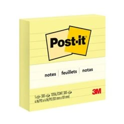 Post-it® Notes, 4" X 4", Canary Yellow, Lined, 300 Sheets/Pad, 1 Pad/Pack (675-YL)