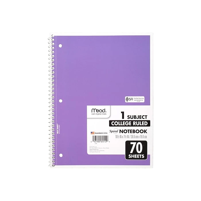 Mead Spiral 1-Subject Notebook, 8" x 10.5", College Ruled, 70 Sheets, Assorted Colors (05512) Mead Spiral 1-Subject Notebook, 8" X 10.5", College Ruled, 70 Sheets, Assorted Colors (05512) -Office Supply Shop sp38165405 sc7