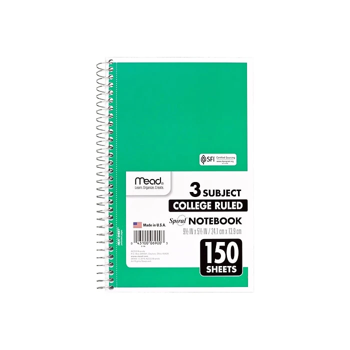 Mead Spiral 3-Subject Notebook, 5.5" x 9.5", College Ruled, 150 Sheets, Assorted Colors (06900) Mead Spiral 3-Subject Notebook, 5.5" X 9.5", College Ruled, 150 Sheets, Assorted Colors (06900) -Office Supply Shop sp38165412 sc7