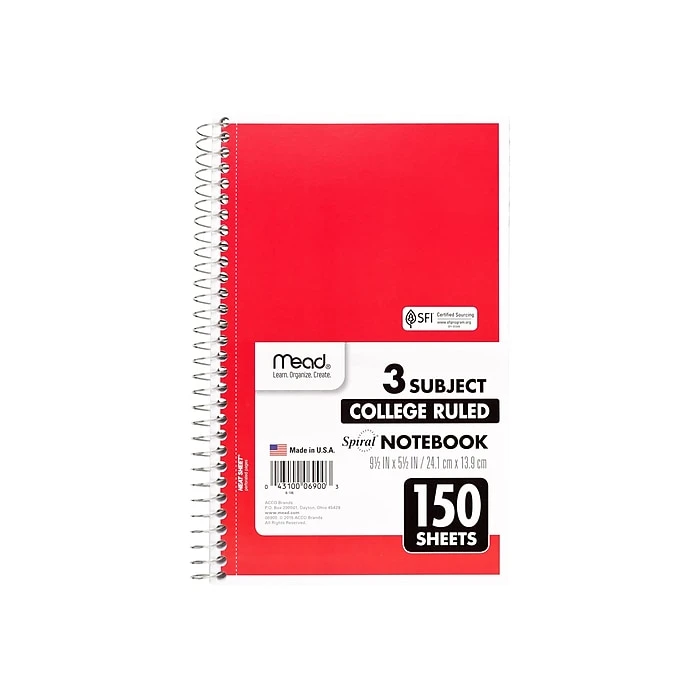 Mead Spiral 3-Subject Notebook, 5.5" x 9.5", College Ruled, 150 Sheets, Assorted Colors (06900) Mead Spiral 3-Subject Notebook, 5.5" X 9.5", College Ruled, 150 Sheets, Assorted Colors (06900) -Office Supply Shop sp38165413 sc7
