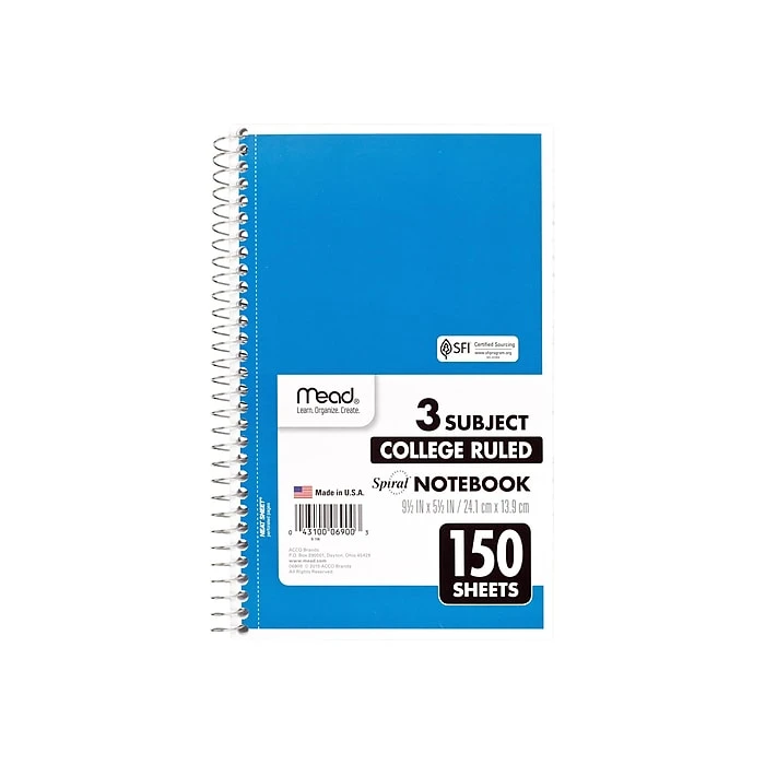 Mead Spiral 3-Subject Notebook, 5.5" x 9.5", College Ruled, 150 Sheets, Assorted Colors (06900) Mead Spiral 3-Subject Notebook, 5.5" X 9.5", College Ruled, 150 Sheets, Assorted Colors (06900) -Office Supply Shop sp38165414 sc7