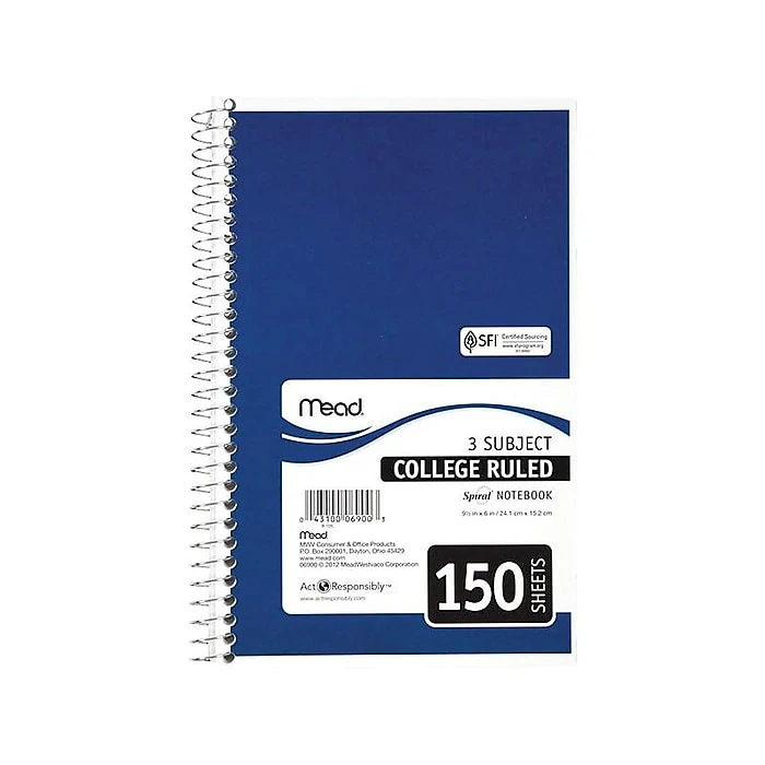 Mead Spiral 3-Subject Notebook, 5.5" x 9.5", College Ruled, 150 Sheets, Assorted Colors (06900) Mead Spiral 3-Subject Notebook, 5.5" X 9.5", College Ruled, 150 Sheets, Assorted Colors (06900) -Office Supply Shop sp38165416 sc7