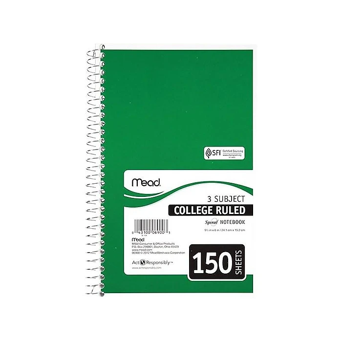Mead Spiral 3-Subject Notebook, 5.5" x 9.5", College Ruled, 150 Sheets, Assorted Colors (06900) Mead Spiral 3-Subject Notebook, 5.5" X 9.5", College Ruled, 150 Sheets, Assorted Colors (06900) -Office Supply Shop sp38165417 sc7