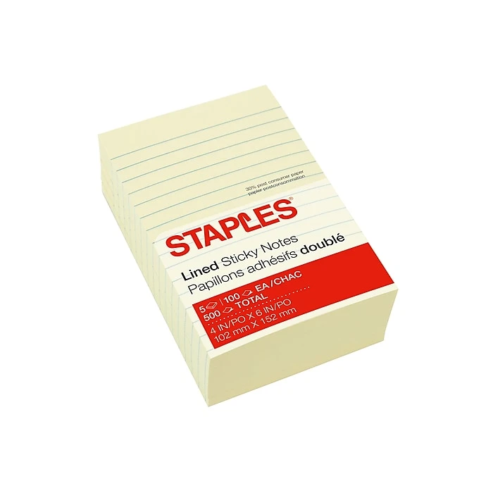 Staples Lined Sticky Notes, 4" x 6", 100 Sheets/Pad, 12 Pads/Pack (S-46YR12) Staples Lined Sticky Notes, 4" X 6", 100 Sheets/Pad, 12 Pads/Pack (S-46YR12) -Office Supply Shop sp40093211 sc7