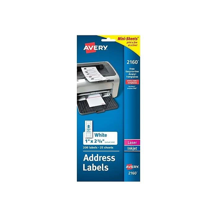 Avery Mini-Sheets Laser/Inkjet Address Labels, 1" x 2-5/8", White, 8 Labels/Sheet, 25 Sheets/Pack, 200 Labels/Pack (2160) Avery Mini-Sheets Laser/Inkjet Address Labels, 1" X 2-5/8", White, 8 Labels/Sheet, 25 Sheets/Pack, 200 Labels/Pack (2160) -Office Supply Shop sp43803178 sc7
