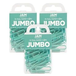 JAM Paper Jumbo Paper Clips, Teal, 3 Packs Of 75 (21832065B)