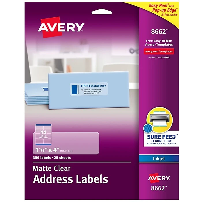 Avery Easy Peel Inkjet Address Labels, 1-1/3" x 4", Clear, 14 Labels/Sheet, 25 Sheets/Pack, 350 Labels/Pack (8662) Avery Easy Peel Inkjet Address Labels, 1-1/3" X 4", Clear, 14 Labels/Sheet, 25 Sheets/Pack, 350 Labels/Pack (8662) -Office Supply Shop sp57017504 sc7