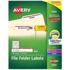 Avery TrueBlock Laser/Inkjet File Folder Labels, 2/3" X 3 7/16", Red, 1500 Labels Per Pack (5066)