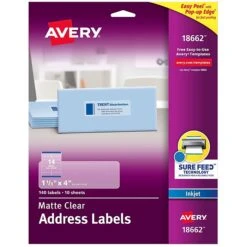 Avery Easy Peel Inkjet Address Labels, 1-1/3" X 4", Clear, 14 Labels/Sheet, 25 Sheets/Pack, 350 Labels/Pack (8662) 9 Avery Easy Peel Inkjet Address Labels, 1-1/3" X 4", Clear, 14 Labels/Sheet, 25 Sheets/Pack, 350 Labels/Pack (8662) -Office Supply Shop sp57018324 sc7