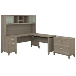 Bush Furniture Somerset 72W 3 Position Sit To Stand L Shaped Desk With Hutch And File Cabinet, Ash Gray (SET016AG)