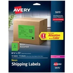 Avery Neon Laser Shipping Labels, 8 1/2" X 11", Assorted Colors, 1 Labels/Sheet, 15 Sheets/Pack (5975)