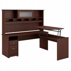 Bush Furniture Cabot 36"-42"H 3 Position L Shaped Sit To Stand Desk With Hutch, Harvest Cherry (CAB052HVC)