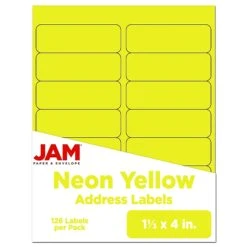 JAM Paper® Address Labels, 1 1/3" X 4", Neon Yellow, 14 Labels/Sheet, 9 Sheets/Pack, 126 Labels/Pack (359329614)