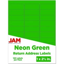 JAM Paper Laser/Inkjet Address Labels, 1" X 2 5/8", Neon Green, 30 Labels/Sheet, 4 Sheets/Pack, 120 Labels/Pack (3543284)
