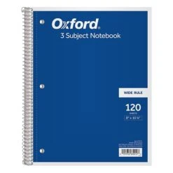 Oxford 3-Subject Notebook, 8" X 10 1/2", Wide Ruled, 120 Sheets, Assorted Colors (65012)